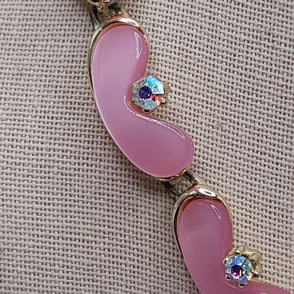 Vintage 1950s Pink Moon Glow Choker Necklace Gold Plated AB Rhinestones 17” - Picture 3 of 9